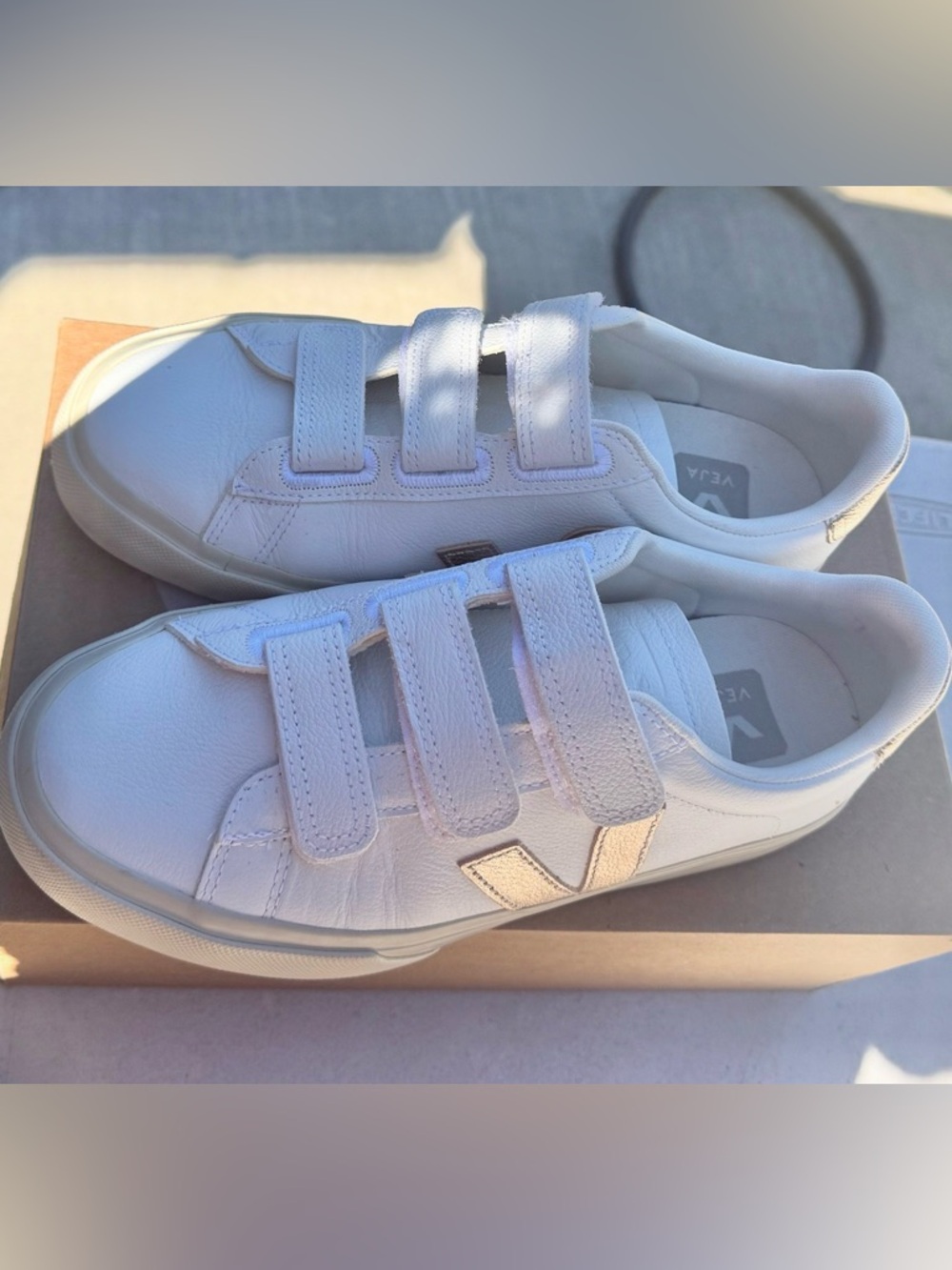 Veja women’s size 7 White Velcro Sneakers with Pale Gold V Detail